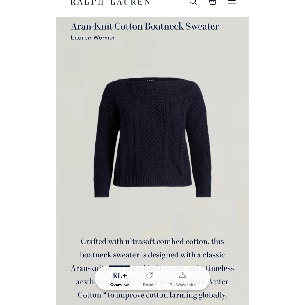Lauren Ralph Lauren Aran-Knit Cotton Boatneck Sweater Navy Blue 2X Cotton Cable